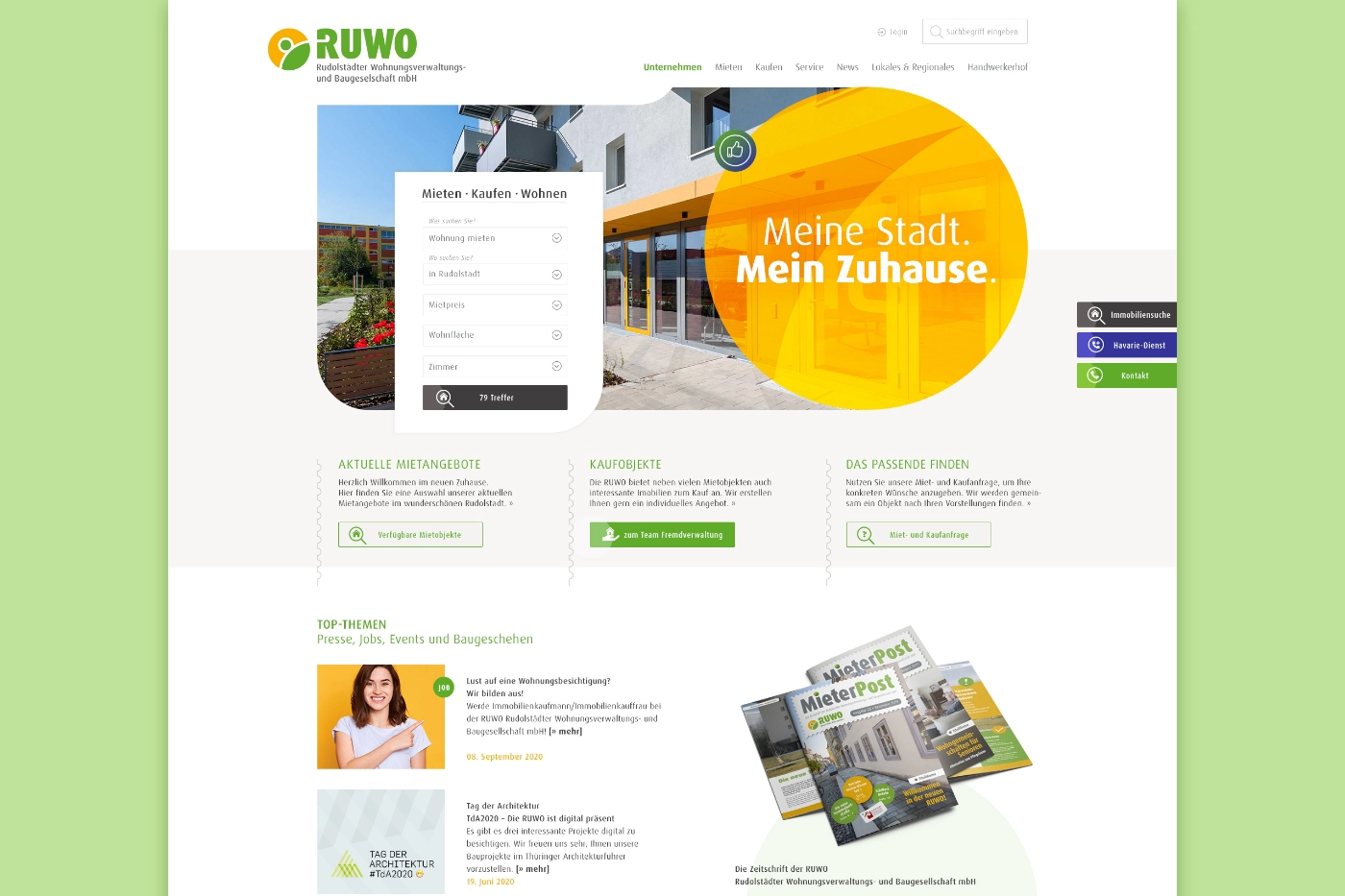 Website Template Startseite RUWO Rudolstädter Wohnungsverwaltungs- und Baugesellschaft mbH 